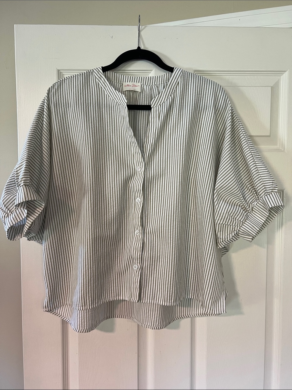 Striped Short-Sleeve Button-Front Top in White and Black
